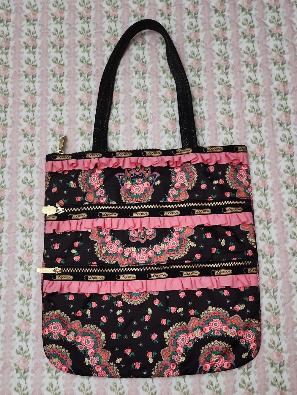 Rare Lesportsac Manoush Pink Ruffled Black Shoulder Bag